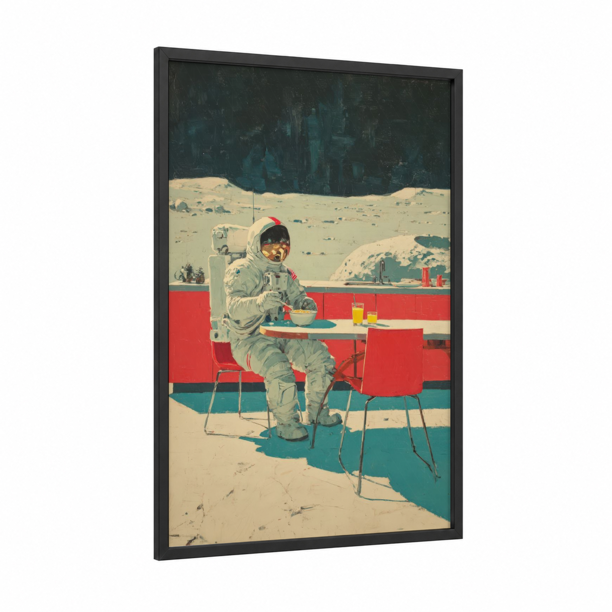 Astronaut Lunar Lunch framed art print — black wood frame — cream and dark blue palette