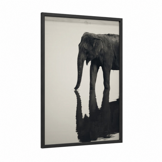 Serene Elephant Reflection framed asian elephant print — black wood frame — black and white and gray palette