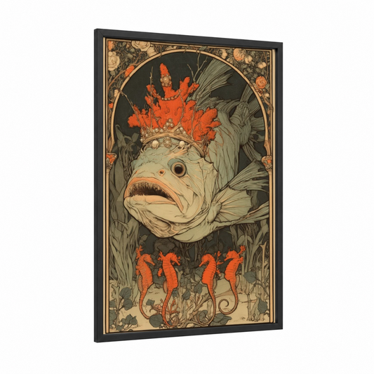 Crowned Dragon Fish framed art print — black wood frame — cream and red palette