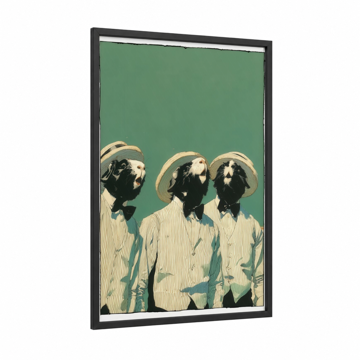 Dapper Guinea Pigs framed art print — black wood frame — sage green and cream palette