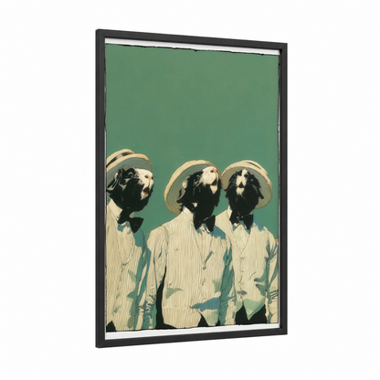 Dapper Guinea Pigs framed art print — black wood frame — sage green and cream palette