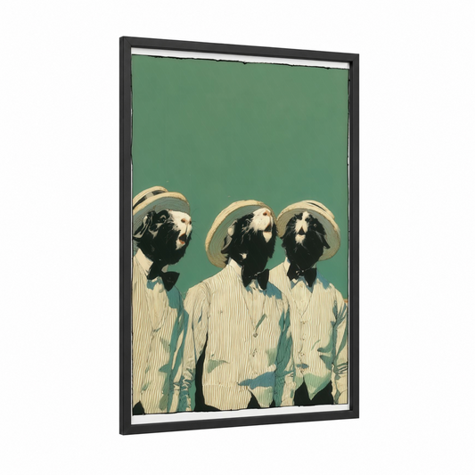 Dapper Guinea Pigs framed art print — black wood frame — sage green and cream palette
