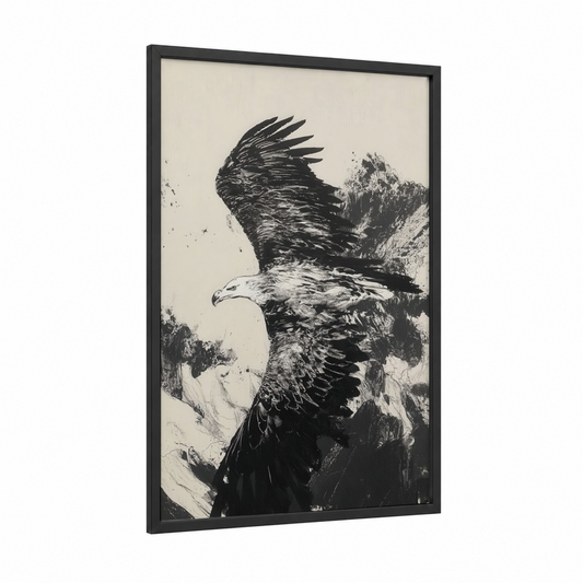 Soaring Eagle framed art print — black wood frame — black and white palette