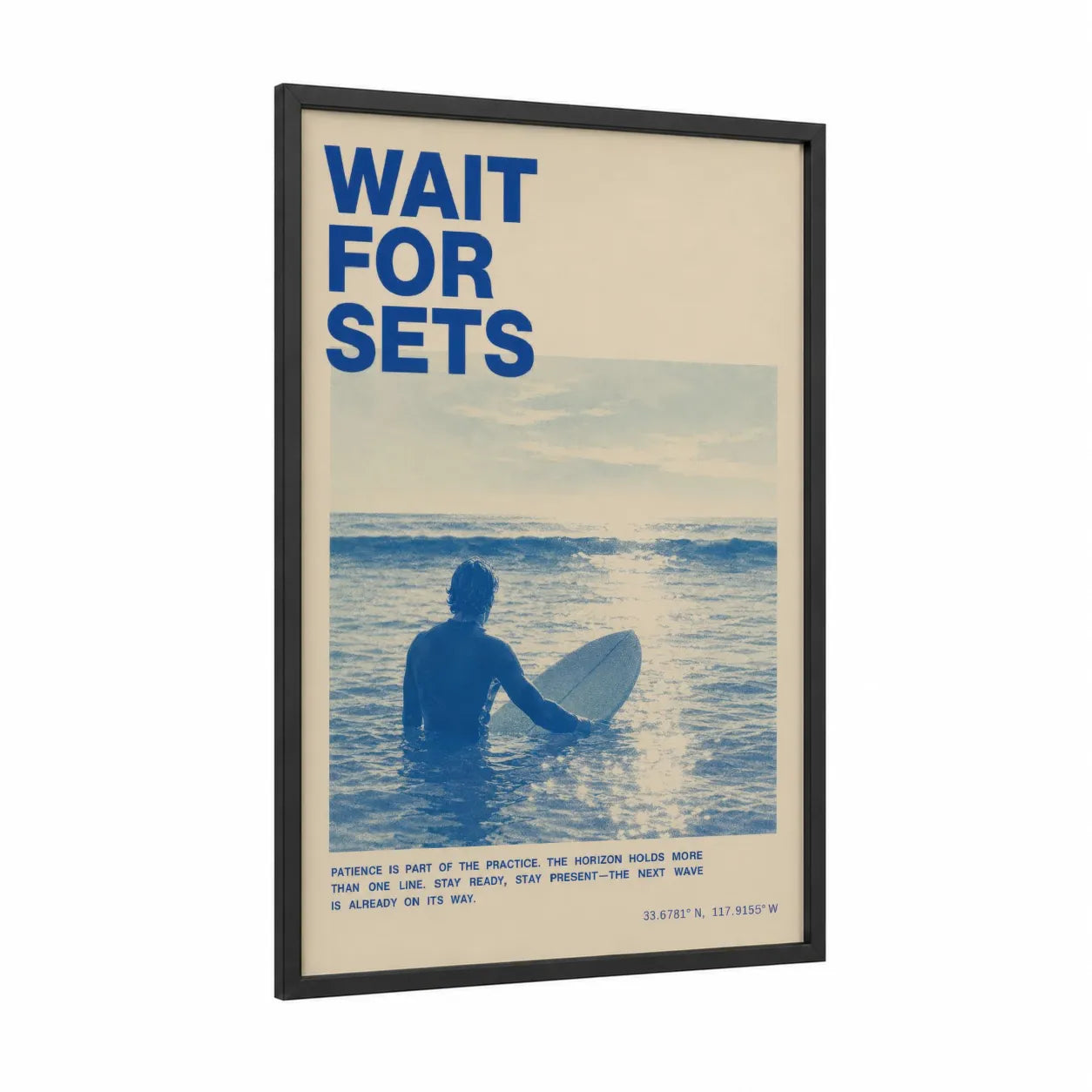 Surfer Ocean Sunrise Wall Art framed surfing print — black wood frame — blue and cream palette