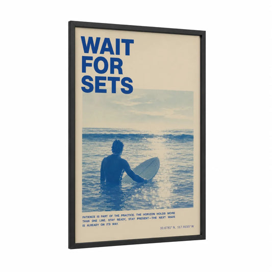 Surfer Ocean Sunrise Wall Art framed surfing print — black wood frame — blue and cream palette