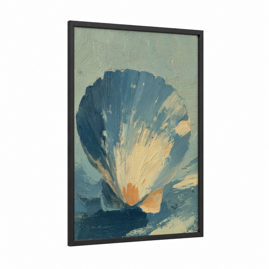 Golden Seashell framed art print — black wood frame — blue and gold palette