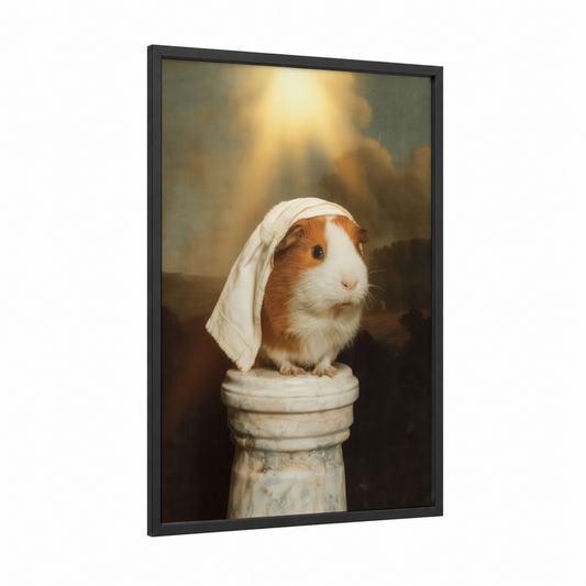 Contemplative Guinea Pig framed art print — black wood frame — cream and gold palette