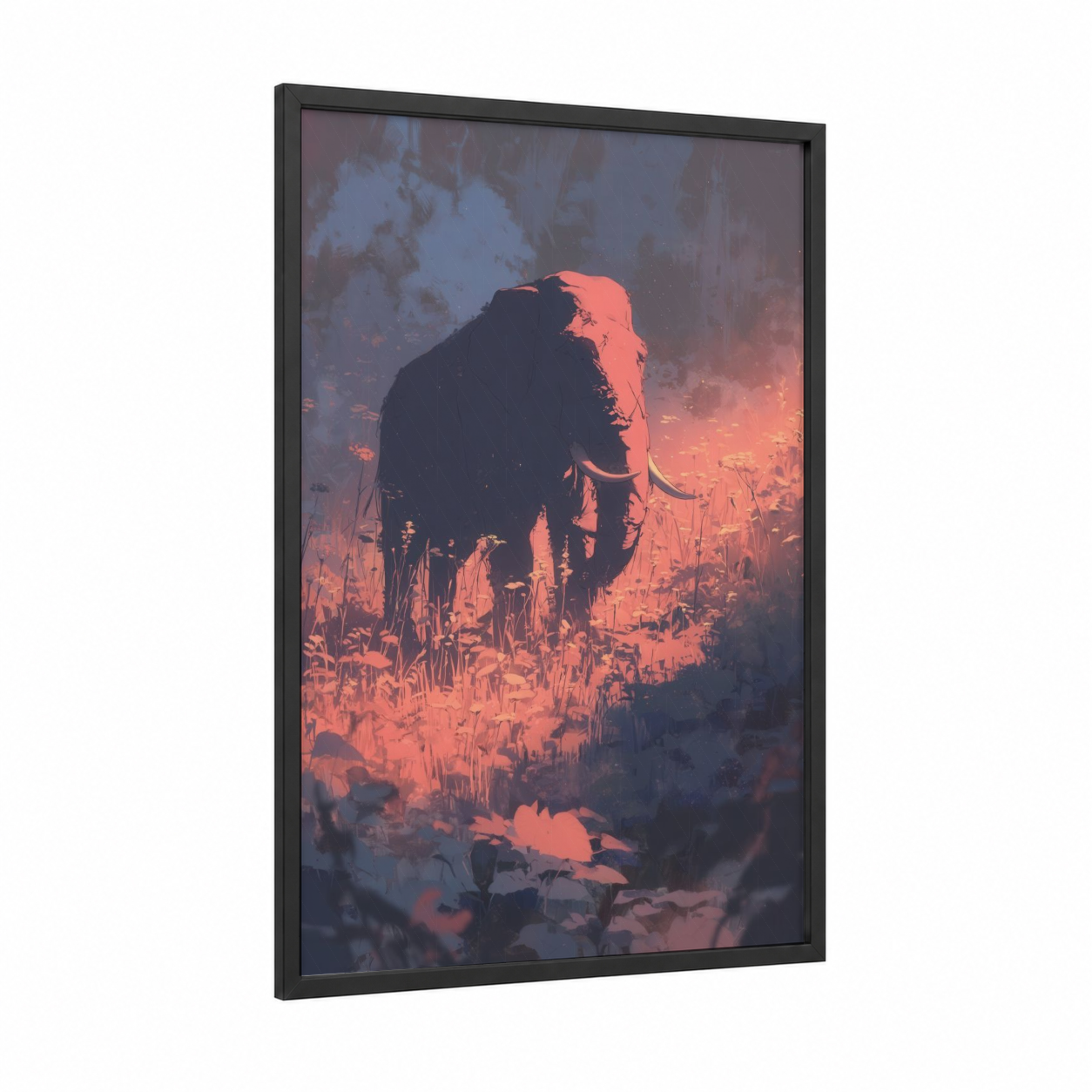 Sunset Elephant framed asian elephant print — black wood frame — orange and gold palette
