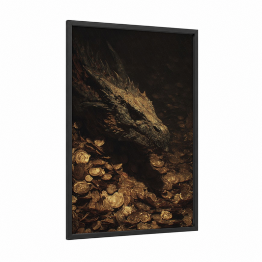 Golden Dragon Hoard framed art print — black wood frame — gold and black palette