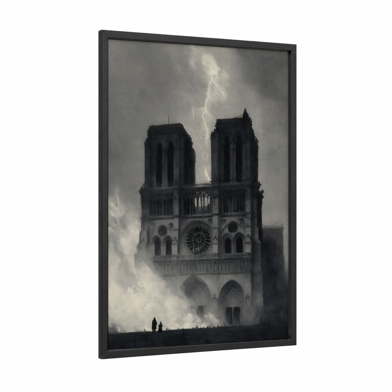 Stormy Notre-Dame framed notre dame print — black wood frame — black and white and gray palette