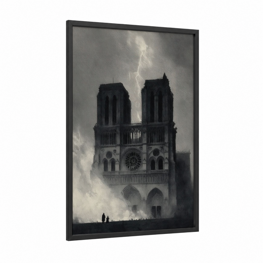 Stormy Notre-Dame framed notre dame print — black wood frame — black and white and gray palette