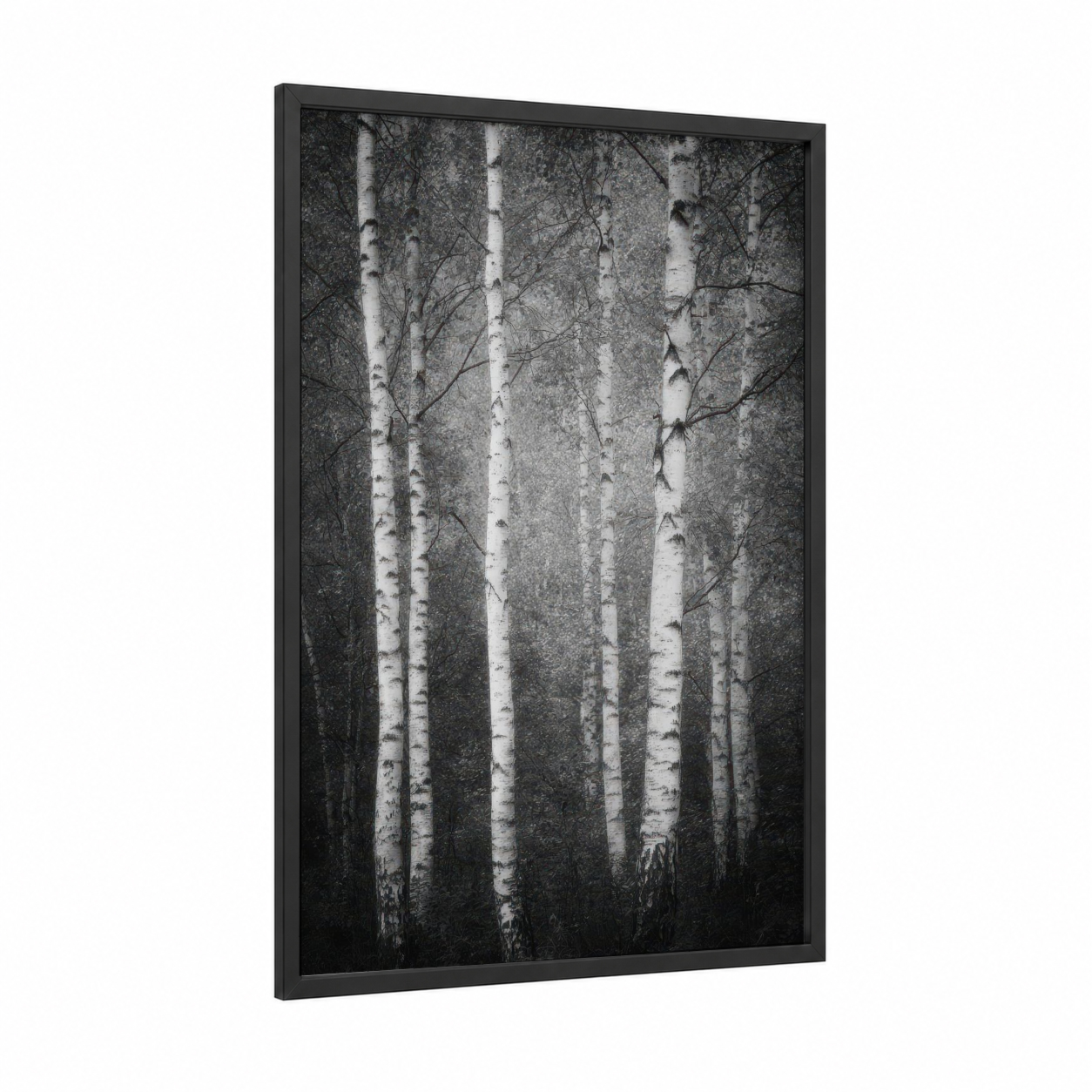 Misty Birch Forest framed art print — black wood frame — black and white and gray palette