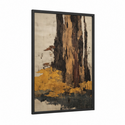 Ancient Kauri framed kauri tree print — black wood frame — gold and black palette