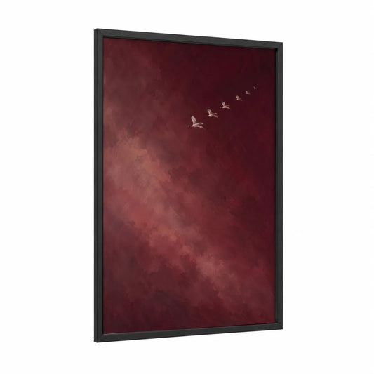 Flying Geese Burgundy Sky Wall Art framed art print — black wood frame — maroon and russet palette