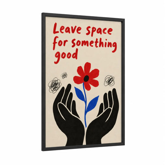 Inspirational Flower Hands Wall Art framed abstract flower print — black wood frame — red and beige palette