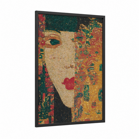 Crimson Lips Portrait framed art print — black wood frame — gold and red palette