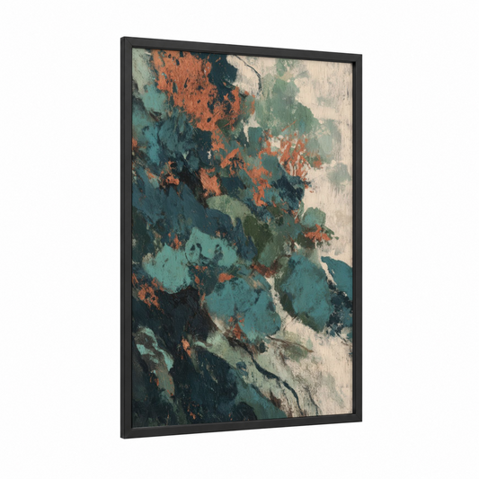 Rustic Cedar Texture framed cedar tree print — black wood frame — teal and russet palette