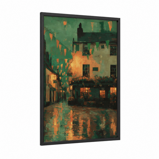 Festival Evening Glow framed st. patrick's day print — black wood frame — true green and gold palette