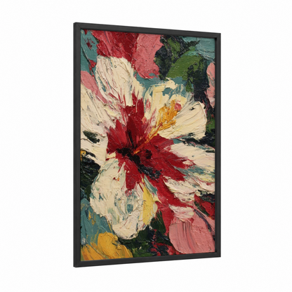 Crimson Hibiscus framed art print — black wood frame — red and cream palette