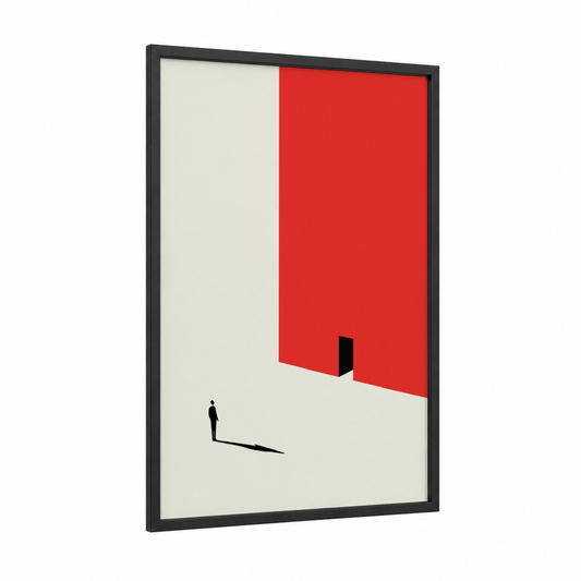 Red Wall Contemplation framed abstract minimalist print — black wood frame — red and cream palette