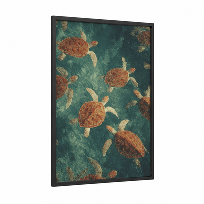 Ocean Turtle Swim framed art print — black wood frame — teal and russet palette