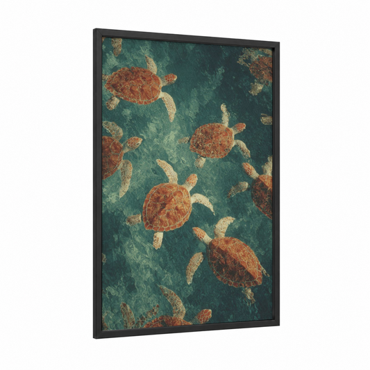 Ocean Turtle Swim framed art print — black wood frame — teal and russet palette