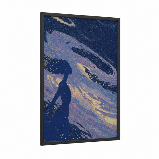 Cosmic Wonder framed space print — black wood frame — dark blue and gold and white palette