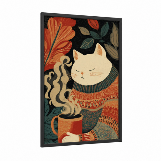 Cozy Tea Cat framed art print — black wood frame — orange and dark green palette