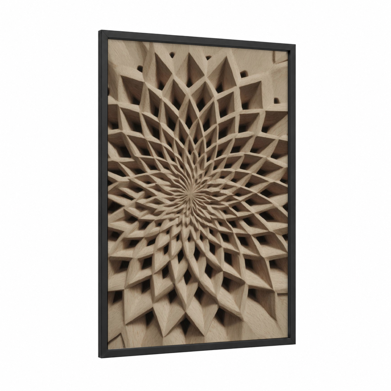 Radiant Woodcarving framed art print — black wood frame — beige and gray palette