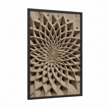 Radiant Woodcarving framed art print — black wood frame — beige and gray palette
