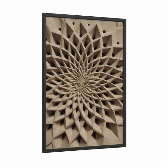 Radiant Woodcarving framed art print — black wood frame — beige and gray palette