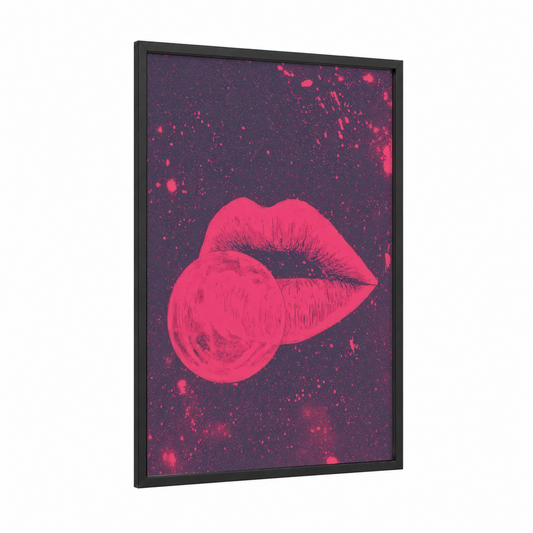 Neon Lip Pop framed art print — black wood frame — magenta and purple palette