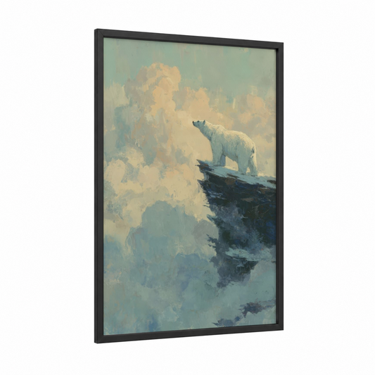 Misty Polar Bear framed art print — black wood frame — blue and white and gray palette