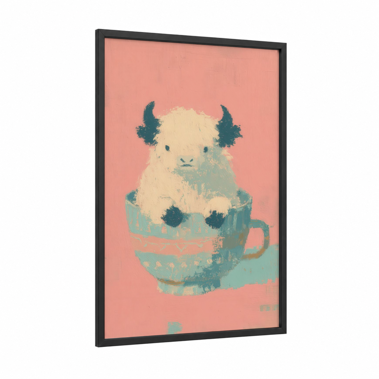 Teacup Yak framed art print — black wood frame — peach and teal palette