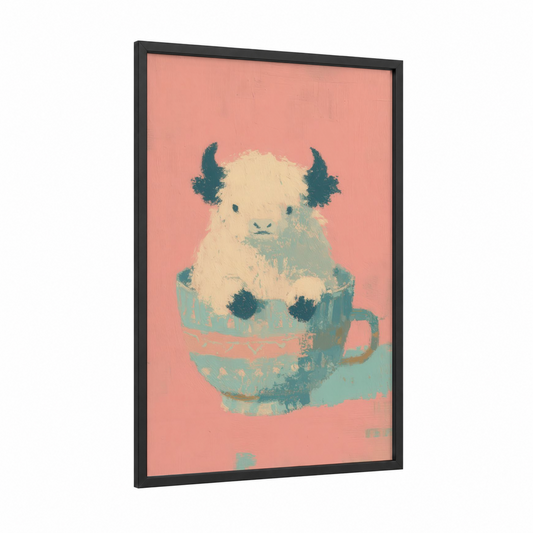 Teacup Yak framed art print — black wood frame — peach and teal palette