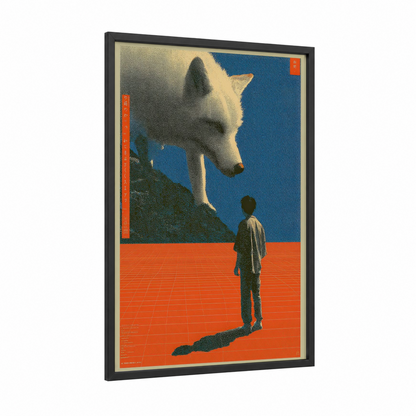 Giant Wolf Encounter framed japanese y2k print — black wood frame — blue and orange palette