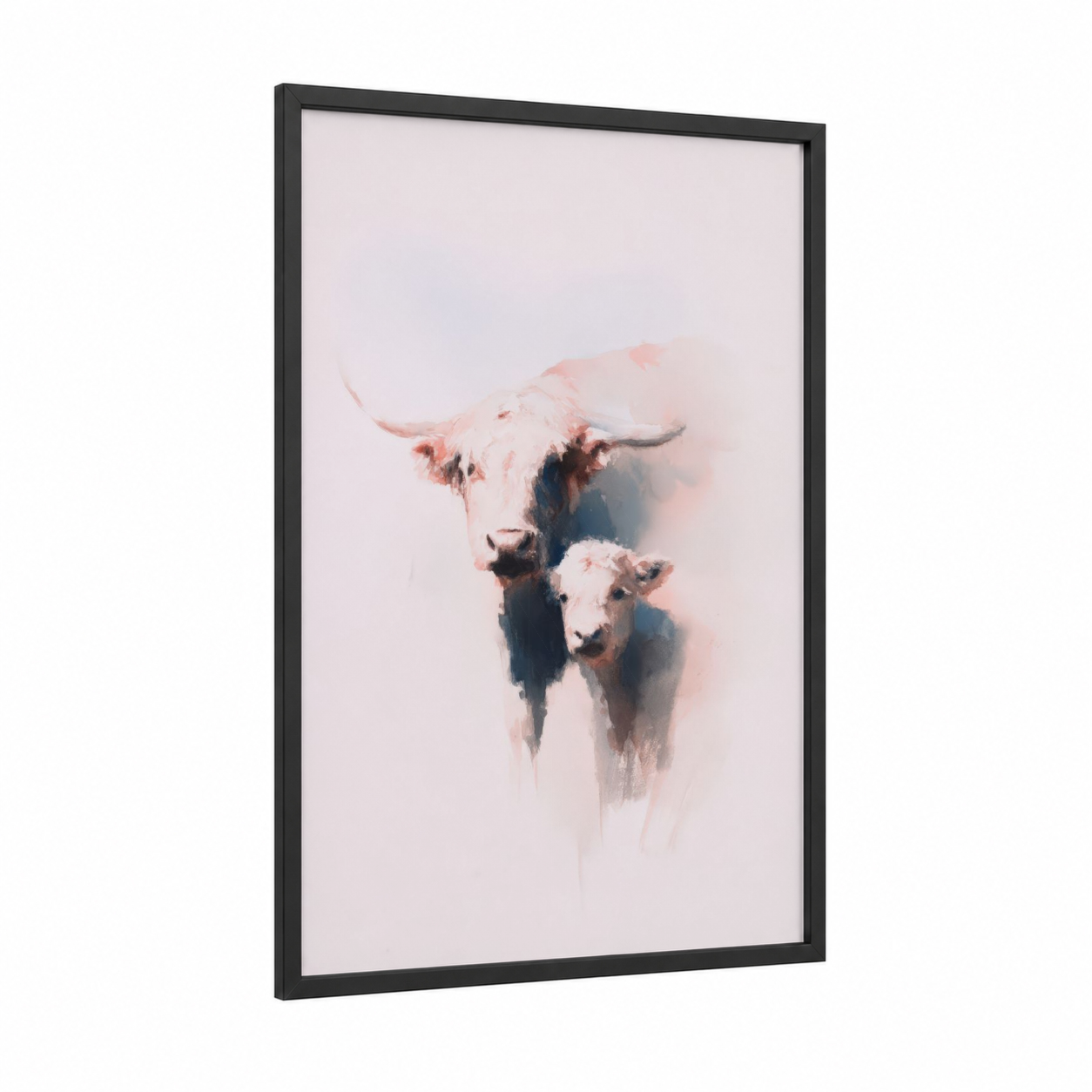 Highland Mother and Calf framed highland cow print — black wood frame — cream and black and white palette