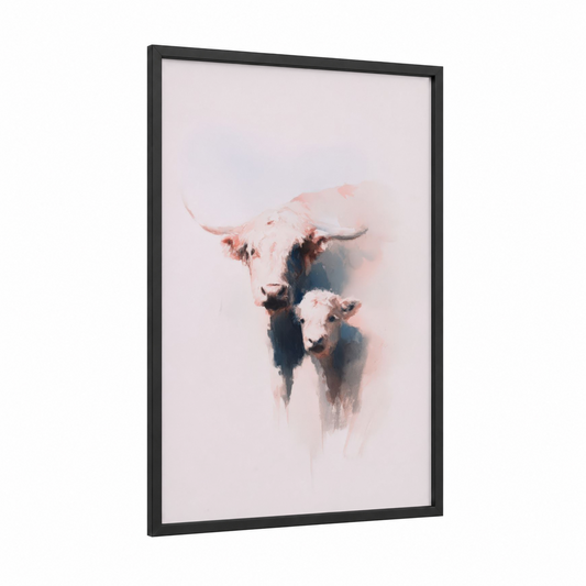 Highland Mother and Calf framed highland cow print — black wood frame — cream and black and white palette
