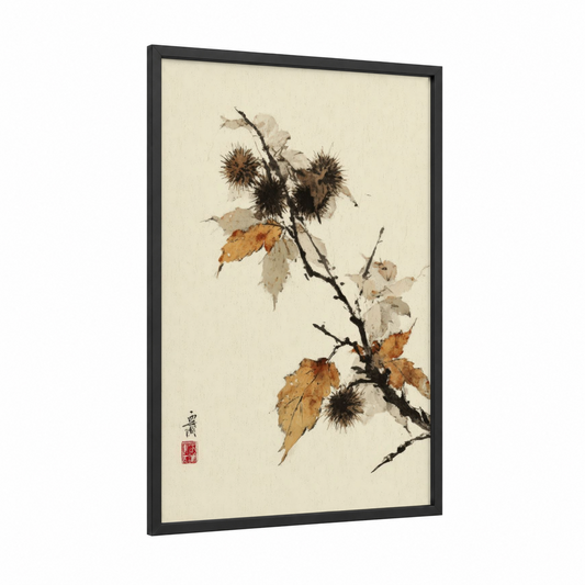 Autumn Fruit Tree framed fruit trees print — black wood frame — cream and russet palette