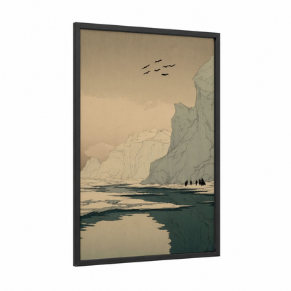 Arctic Glacier Explorer framed art print — black wood frame — cream and sage green palette