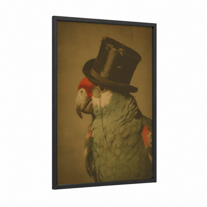 Dapper Parrot framed safari parrots print — black wood frame — gold and maroon palette