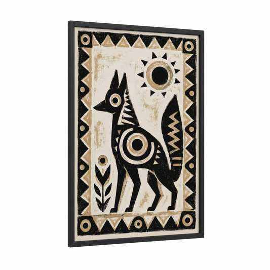 Geometric Tribal Coyote Wall Art framed art print — black wood frame — black and white and cream palette