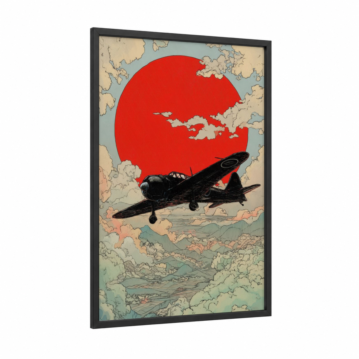 Crimson Sky Biplane framed vintage airplane print — black wood frame — red and blue and white palette