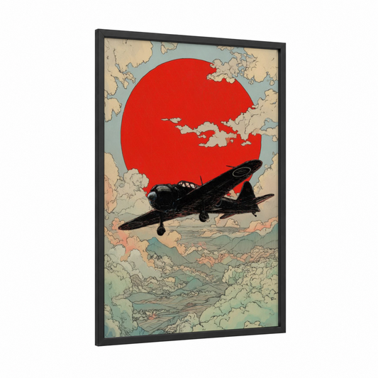 Crimson Sky Biplane framed vintage airplane print — black wood frame — red and blue and white palette