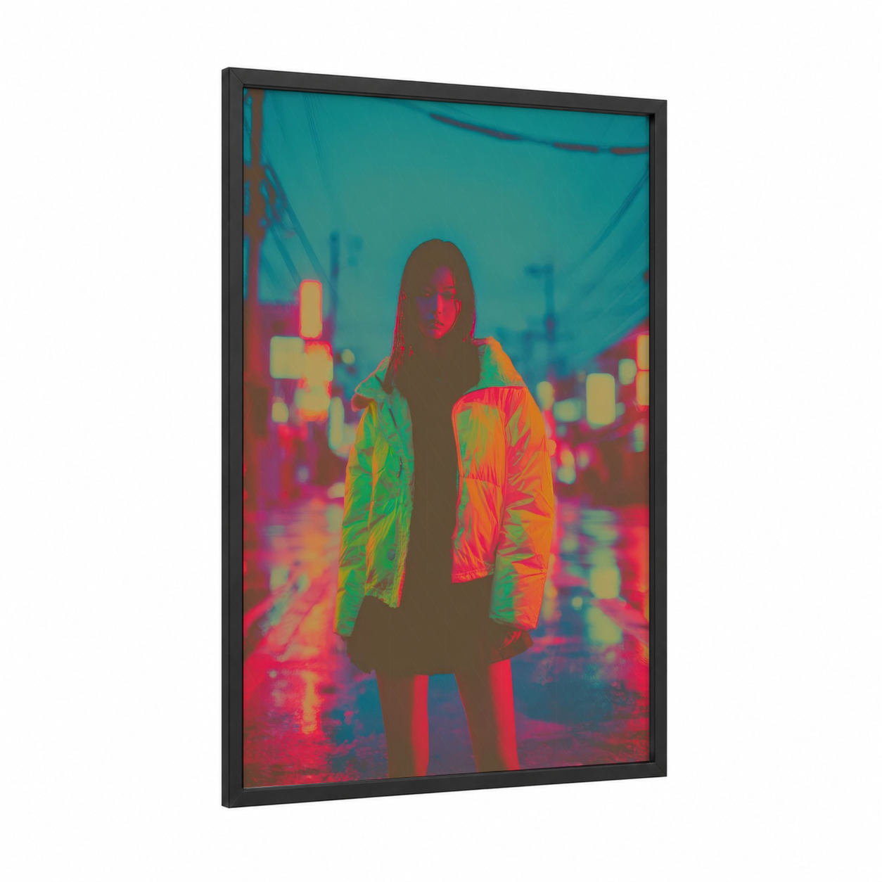 Neon City Jacket framed women's fashion print — black wood frame — magenta and lime green palette