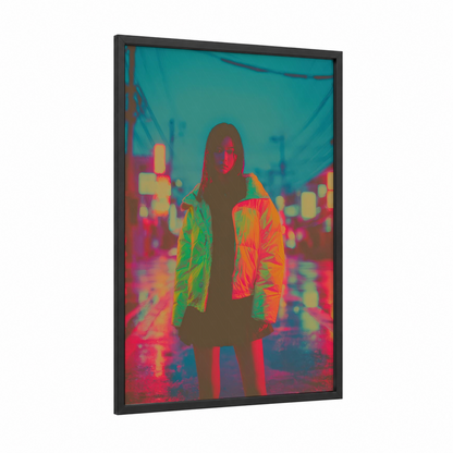 Neon City Jacket framed women's fashion print — black wood frame — magenta and lime green palette