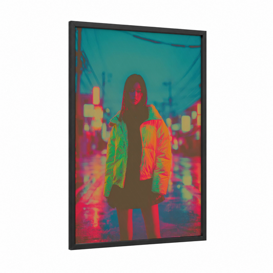 Neon City Jacket framed women's fashion print — black wood frame — magenta and lime green palette