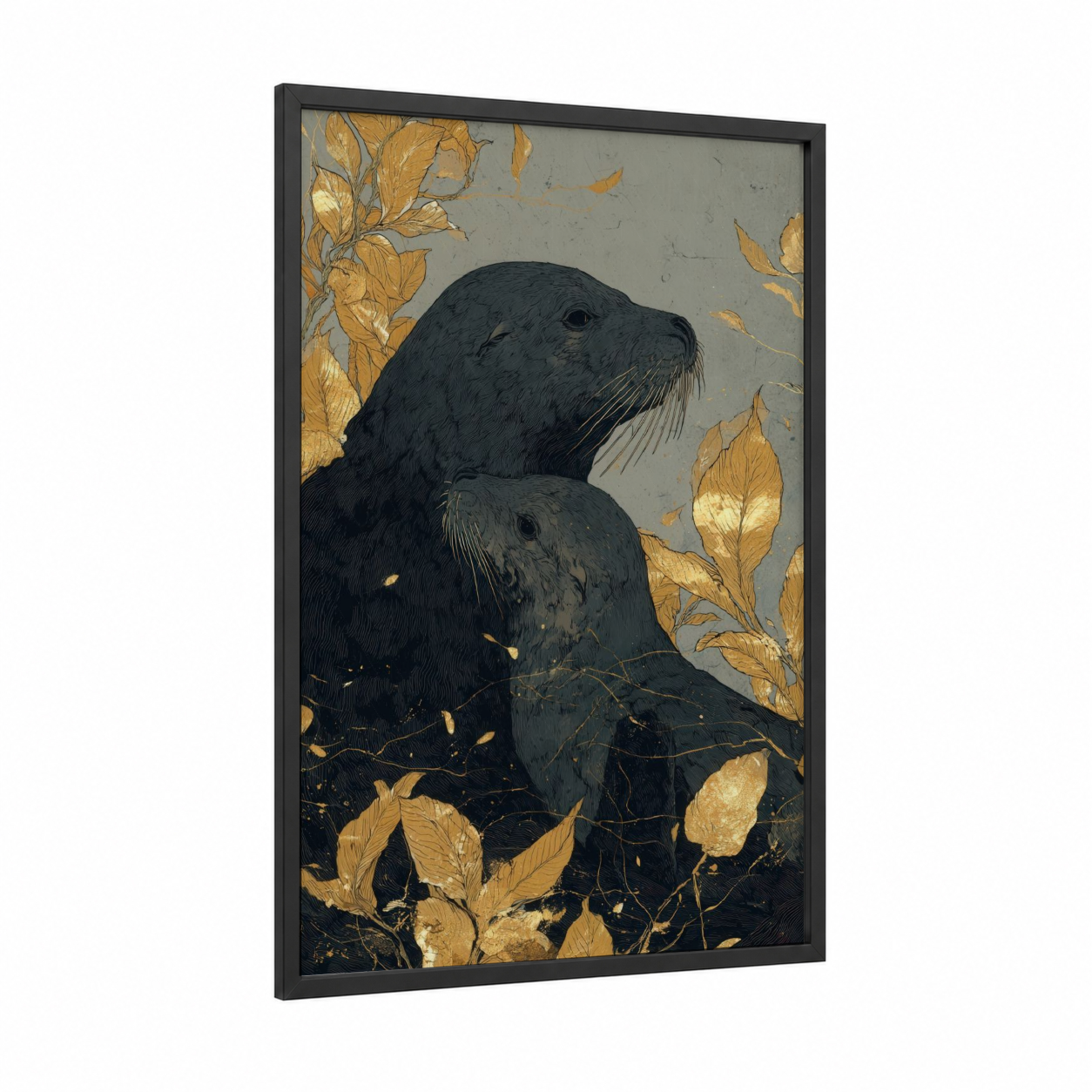 Golden Sea Lion framed art print — black wood frame — gold and gray palette