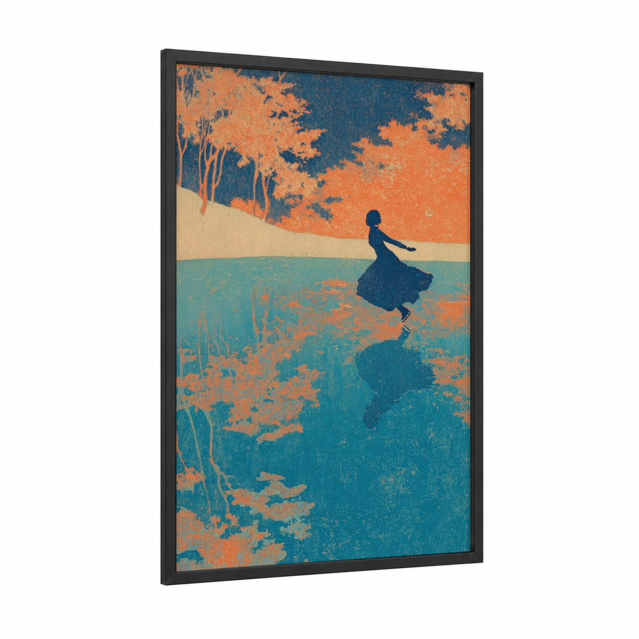 Graceful Ice Skater framed ice skating print — black wood frame — orange and teal palette