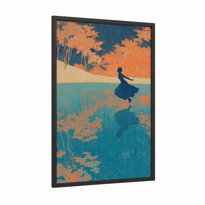 Graceful Ice Skater framed ice skating print — black wood frame — orange and teal palette